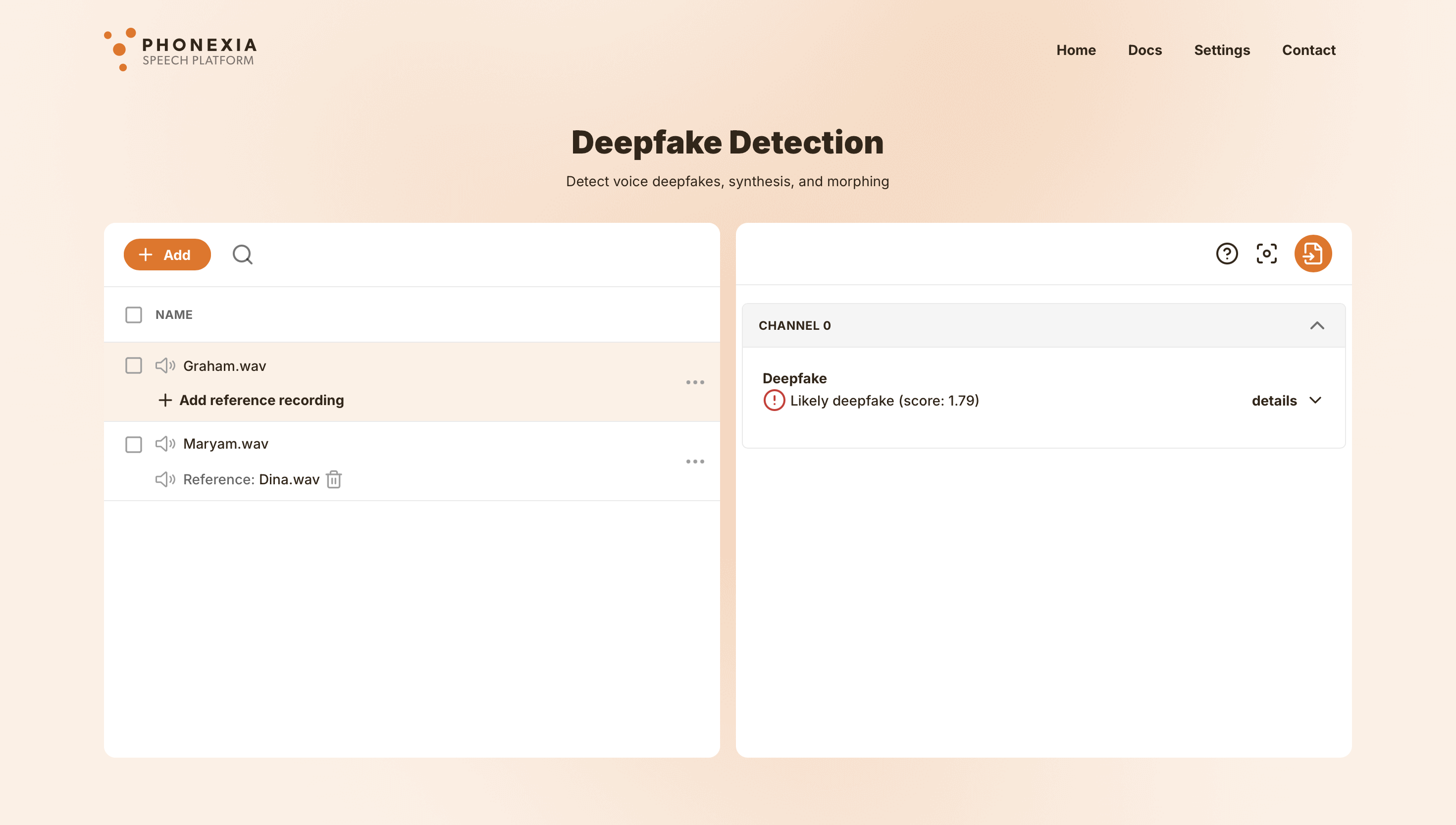 Deepfake detection UI with an audio list on the left and the deepfake results for selected recording displayed on the right.